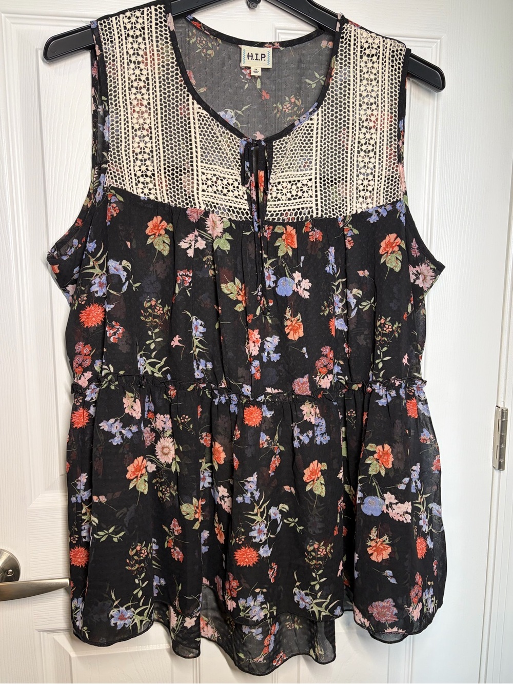 h.i.p. Black Floral Sleeveless Top with Cream Crochet Yoke